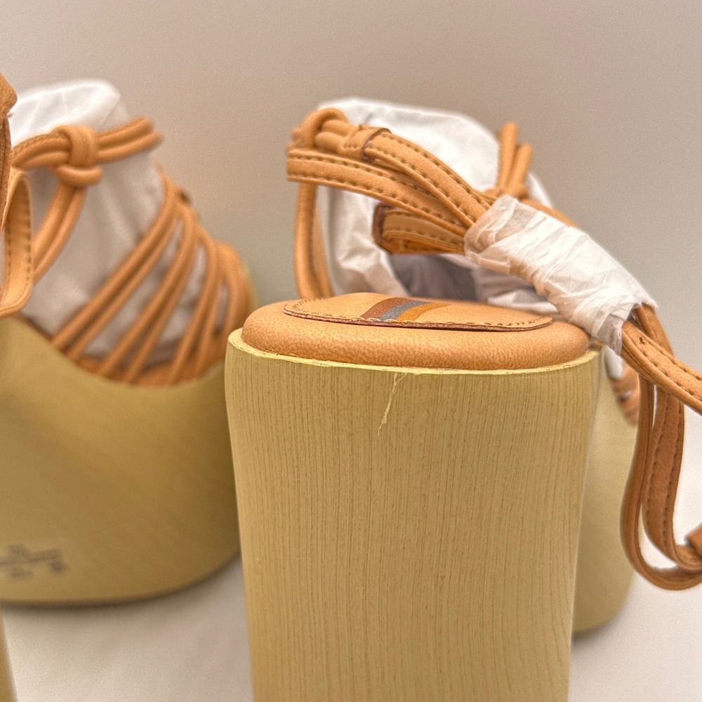 Sam Edelman Gia Platform Sandals Womens 9M Sand Vachetta Leather Wood Block Heel - Picture 7 of 16